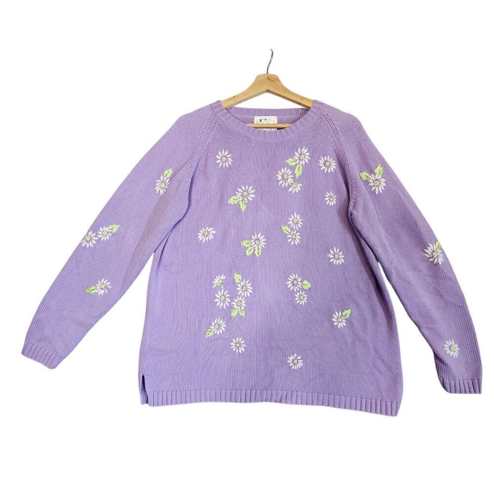 Quacker Factory Daisy Knit Sweater Large Lavender Purple Cottagecore